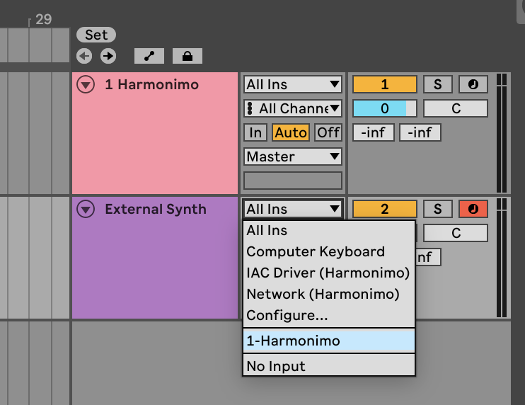 Ableton Live MIDI input menu selecting the Harmonimo track