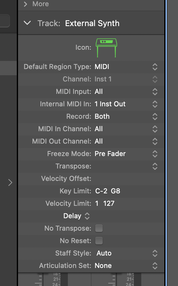 Logic Pro track inspector showing the Internal MIDI In menu