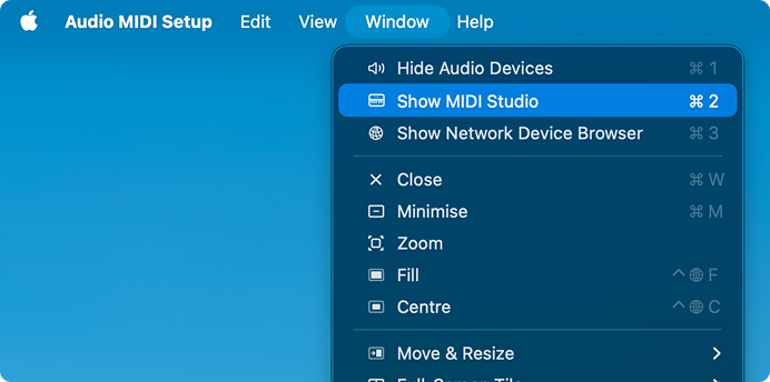 Audio MIDI Setup Show MIDI Studio menu