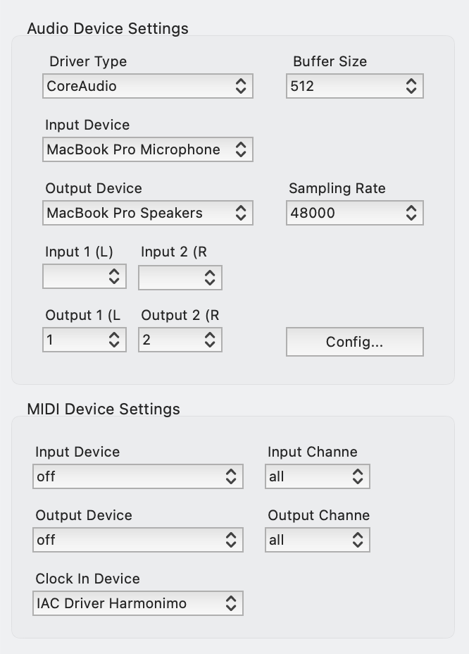 Harmonimo audio and MIDI device settings dialog